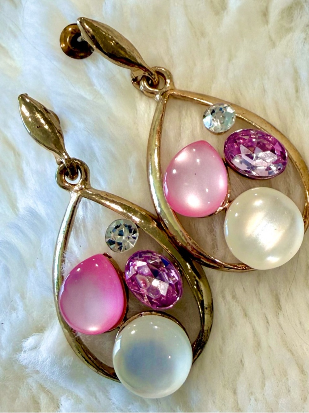 Gold Teardrop Earrings with Pink & Pearl Accents